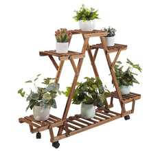 Load image into Gallery viewer, Triangular Plant Shelf 6 Potted Carbonized Wood Plant Holder Flower Pot Stand Display Storage Rack with Wheels for Garden - Creative Media Commerce