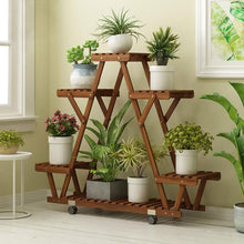 Load image into Gallery viewer, Triangular Plant Shelf 6 Potted Carbonized Wood Plant Holder Flower Pot Stand Display Storage Rack with Wheels for Garden - Creative Media Commerce