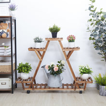 Load image into Gallery viewer, Triangular Plant Shelf 6 Potted Carbonized Wood Plant Holder Flower Pot Stand Display Storage Rack with Wheels for Garden - Creative Media Commerce