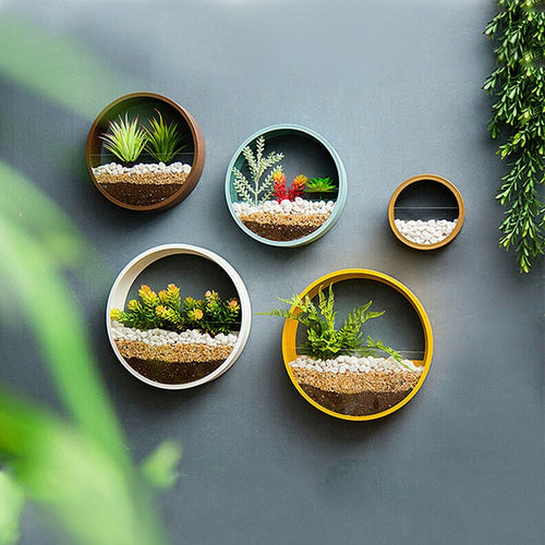 Wall Vase Art Solid Color Bonsai Round Vase Artificial Flower Basket Wall Planter Pot Colored Stone Hanging Vases for Home Decor - Creative Media Commerce