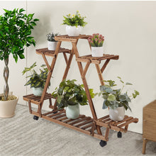 Load image into Gallery viewer, Triangular Plant Shelf 6 Potted Carbonized Wood Plant Holder Flower Pot Stand Display Storage Rack with Wheels for Garden - Creative Media Commerce