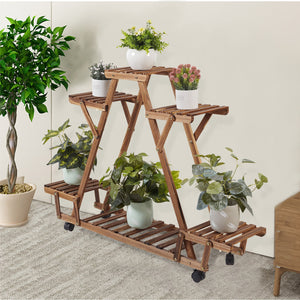 Triangular Plant Shelf 6 Potted Carbonized Wood Plant Holder Flower Pot Stand Display Storage Rack with Wheels for Garden - Creative Media Commerce