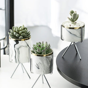 Nordic Ceramic Iron Art Vase Marble Pattern Rose Gold Silver Tabletop Green Plant Pot Home Office Vases Decorative - Creative Media Commerce